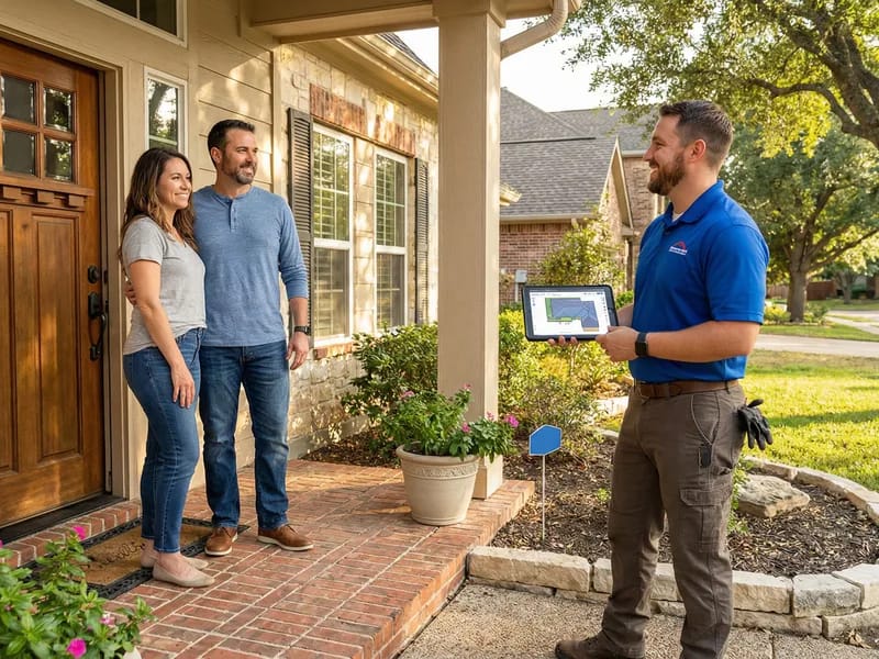 MedRoof contractor consulting with homeowners at their front door