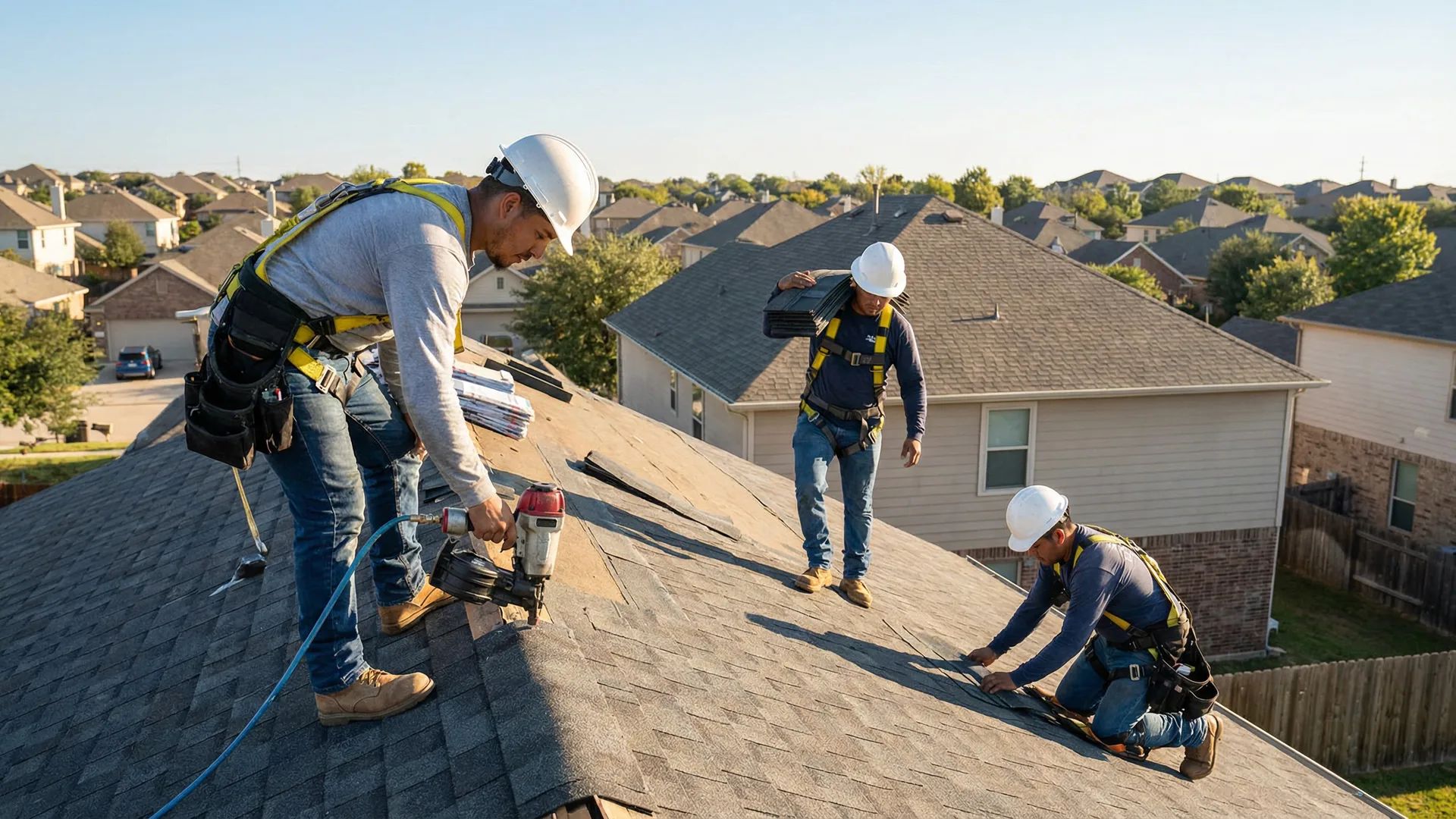 Professional roofing team installing new shingles on residential home