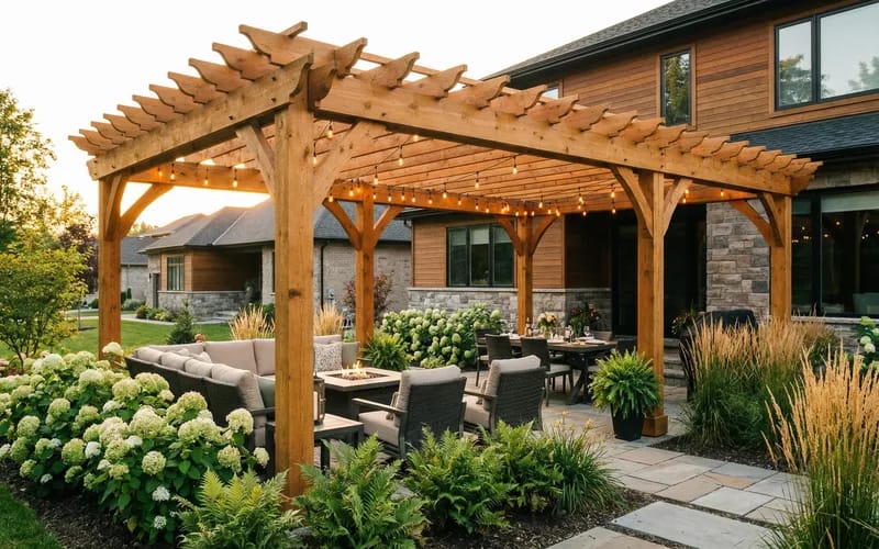 Custom-built wooden pergola with outdoor living space and string lights