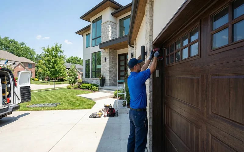 Professional installing modern garage door on residential home