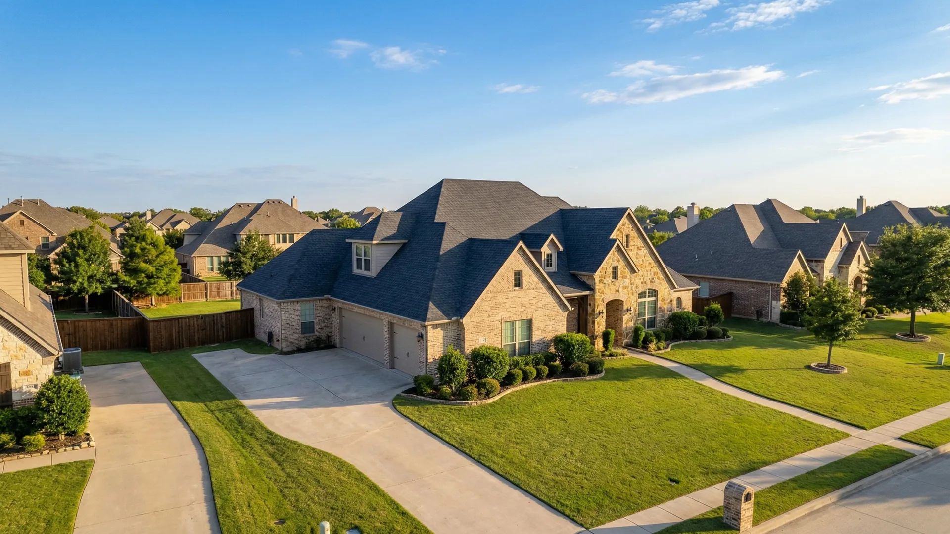 Aerial view of modern home with new roof in DFW Texas