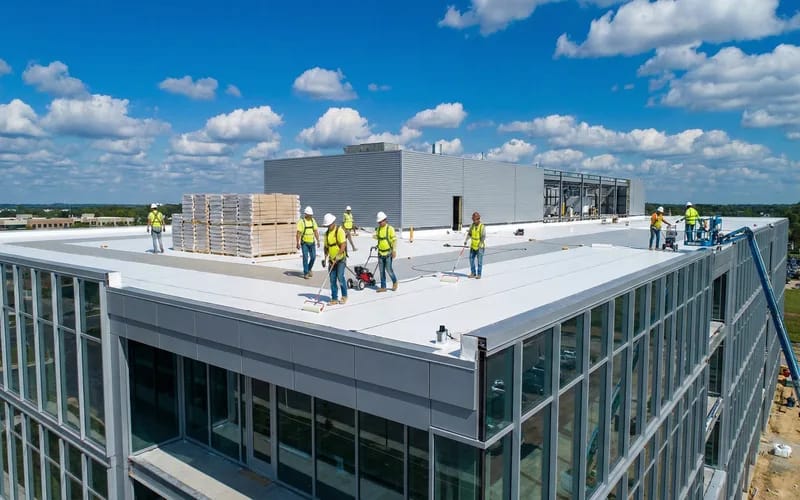 Commercial building with flat roof being serviced by professional crew