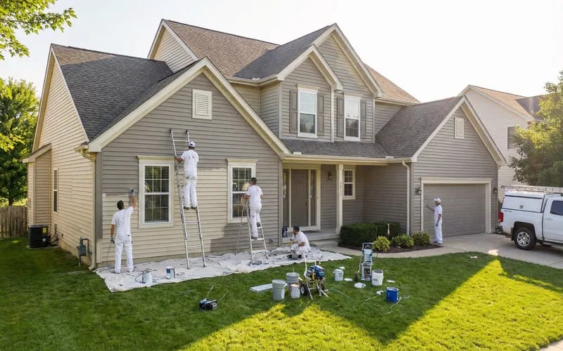 Professional painters applying fresh exterior paint to residential home