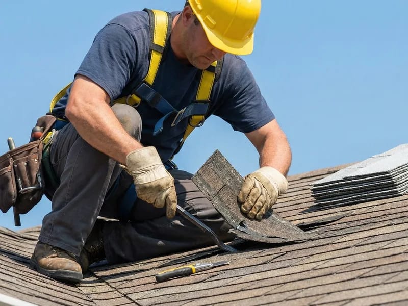 Professional roofer repairing damaged shingles on residential roof