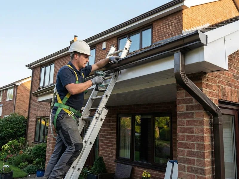 Worker installing new gutters and gutter guards on residential home