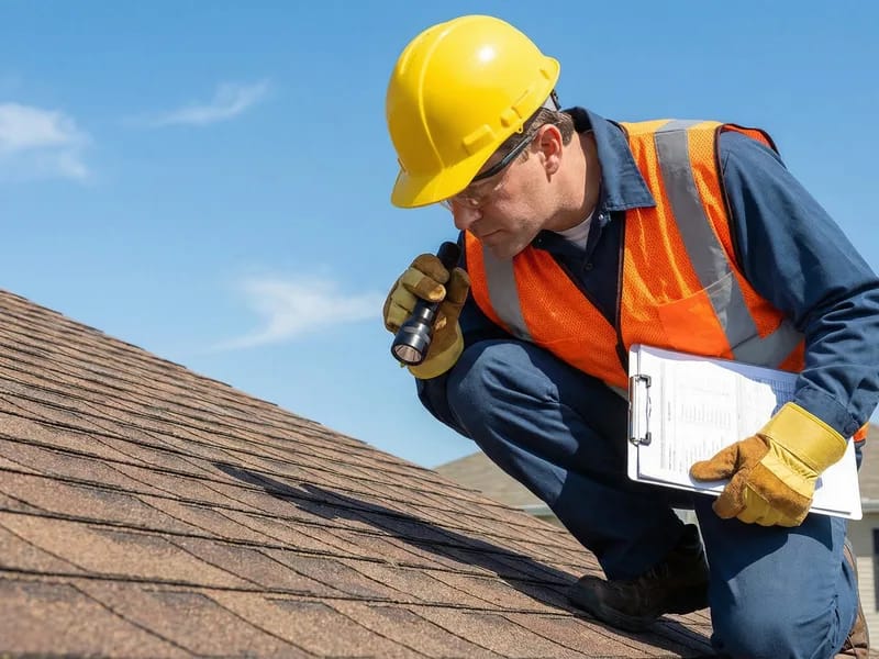 Roofing inspector examining shingles on residential roof